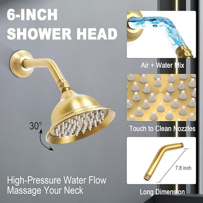 Enga Antique Shower Faucet Sets Dual Heads with Tub Spout 8" Ceiling & 6" Wall Mount Vintage Shower Head Handheld Spray Combo, 4 Way Diverter Brass with Trim Kit, Bright Gold