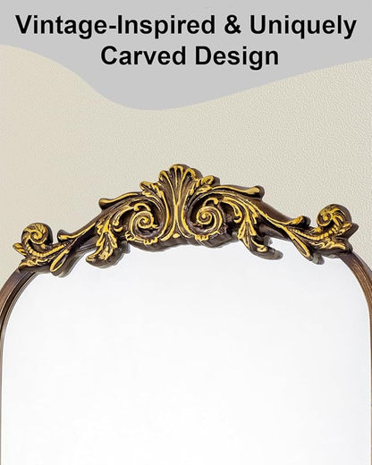 16x24 Inch Recessed or Surface Mount Medicine Cabinet Mirror with Vintage Bronze Carving & Hand-Painted Aluminum Frame, All-Metal Construction, 2 Shelves, Arched Mirror for Bathroom, Entryway, Hallway