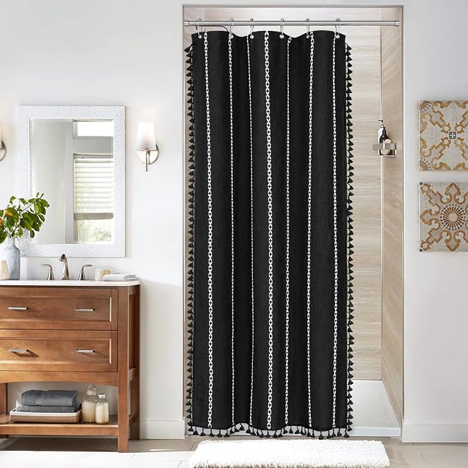 Boho Farmhouse Tassel Linen Shower Curtain,3D Embroidery Stripe Black,36x72 | Small Stall Half Size,310GSM Linen Texture Heavy Duty Cloth,Water Repellent,Wrinkle Resistant,Vintage Rustic Country design
