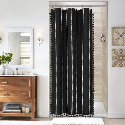 Boho Farmhouse Tassel Linen Shower Curtain,3D Embroidery Stripe Black,36x72 | Small Stall Half Size,310GSM Linen Texture Heavy Duty Cloth,Water Repellent,Wrinkle Resistant,Vintage Rustic Country design
