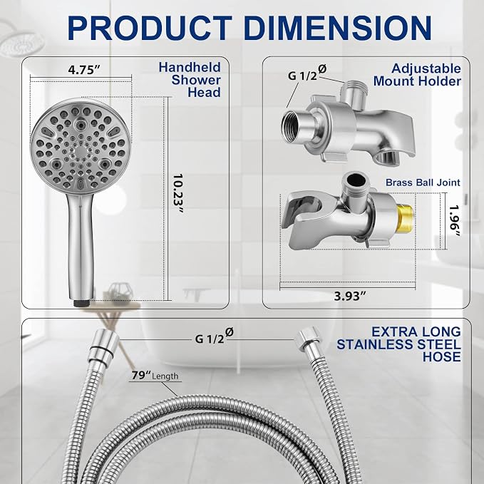 High Pressure 10 Setting Handheld Shower Head, 5" Detachable Showerhead Spray Built-in Power Wash to Clean Tub, Tile & Pets, 79" Extra Long Stainless Steel Hose, Adjustable Bracket - Chrome