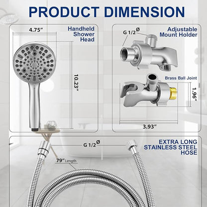 High Pressure 10 Setting Handheld Shower Head, 5" Detachable Showerhead Spray Built-in Power Wash to Clean Tub, Tile & Pets, 79" Extra Long Stainless Steel Hose, Adjustable Bracket - Chrome