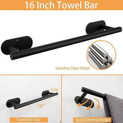 TocTen 5 Pieces Wall Mounted or Self Adhesive Towel Bar Set, Stainless Steel Bathroom Hardware Set Include 16″ Towel Rack, Toilet Paper Holder, 3 Towel Hook, Sticky Bathroom Accessory Kit (Black)