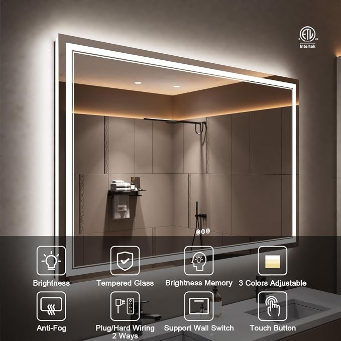 55x36 Inch LED Bathroom Mirror with Lights | Front and Backlit, 3 Colors, Dimmable, Memory, Anti Fog, Shatterproof, Horizontal/Vertical, Lighted Mirrors for Bathroom Wall