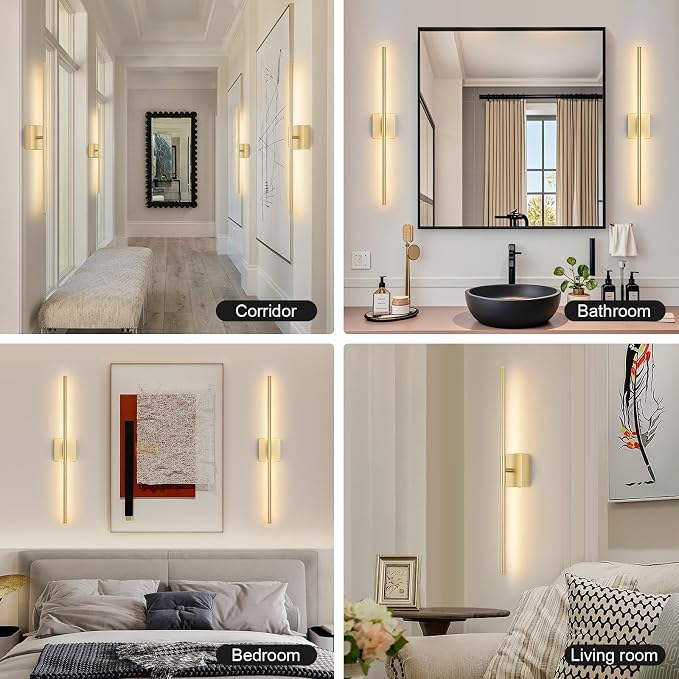 Battery Operated Wall Sconce Set of Two with Remote Control, 3000K-6000K Dimmable Gold Wall Lights, Timable LED Wireless Wall Sconces, 350° Ratate for Bathroom, Living Room, Hallway 29.1 Inch