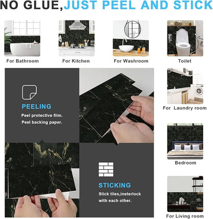 URCOLOR 32-Piece Peel and Stick Backsplash Wall Tile, 4"x 8" PVC Glossy Black Gold Marble Stick on Subway Tiles for Kitchen, Bathroom, Laundry Room, Camper, Fireplace