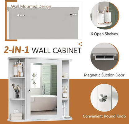 Bathroom Medicine Cabinet, Bathroom Mirror Cabinet Wall Mounted with 6 Side Open Shelves, White Wall Cabinet with Mirror, White
