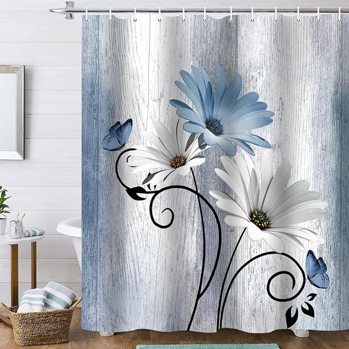 Onalasyc 4PCS Blue Daisy Floral Bathroom Sets with Shower Curtain and Rugs | Country Floral Butterfly Shower Curtain Set,Modern Bathroom Decor Shower Curtains Set with Rugs Toilet Lid Cover and 12 Hooks