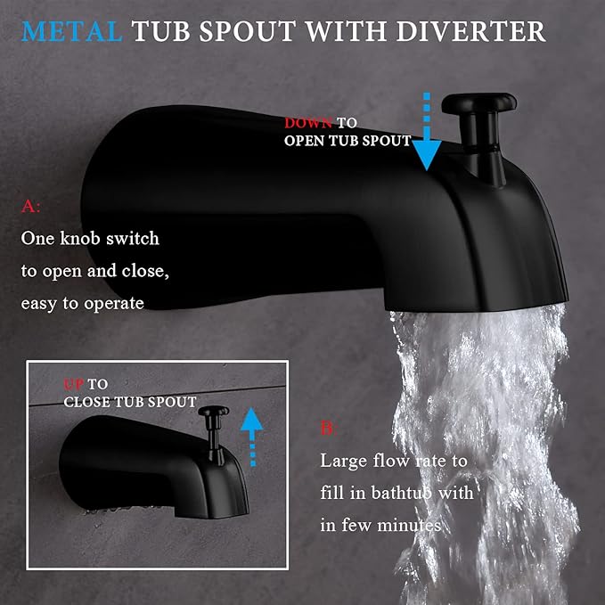 Shower Faucet Set with Tub Spout Matte Black 10 Inch Rainfall Shower with 4 Setting Spray Mixer Shower System Modern Luxury Wall Mounted Tub Shower Faucet Set Rough-in Valve Body (Matte Black)