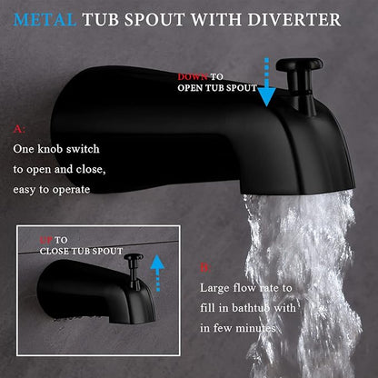 Shower Faucet Set with Tub Spout Matte Black 10 Inch Rainfall Shower with 4 Setting Spray Mixer Shower System Modern Luxury Wall Mounted Tub Shower Faucet Set Rough-in Valve Body (Matte Black)