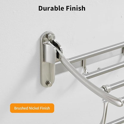 BESy 24 Inch Brushed Nickel Towel Racks, Bathroom Towel Shelf with Foldable Towel Bar Holder and Towel Hooks, Wall Mounted Multifunctional Bathroom Accessories, Double Towel Bars