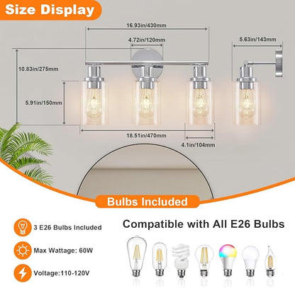 DLLT 3-Light Bathroom Light Fixtures: Chrome Modern Vanity Lights with 3 E26 Bulbs - Clear Glass Shade Bathroom Wall Lamp for Mirror Kitchen Living Room Hallway Cabinet Porch