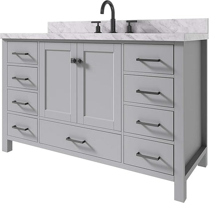 ARIEL Cambridge 54-inch Bathroom Vanity with Sink,Solid Wood, 1.5-inch Italian Carrara Marble Countertop, Single Rectangular Porcelain Sink, 2 Soft Closing Doors, 9 Dovetail Drawers, Grey