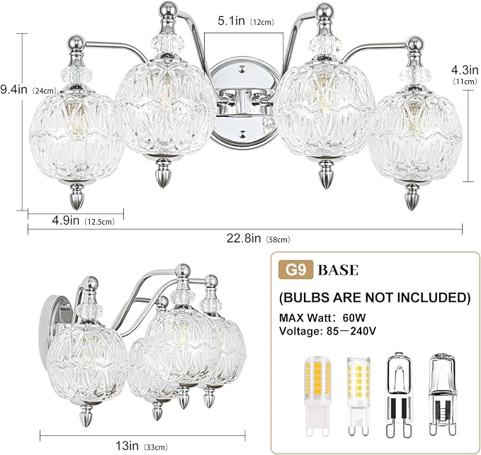 Brushed Chrome Bathroom Vanity Light, 4-Light Mid Century Modern Brushed Chrome Finish Wall Sconce with Globe Glass Shades, Retro Mirror Light for Bathroom, Powder Room