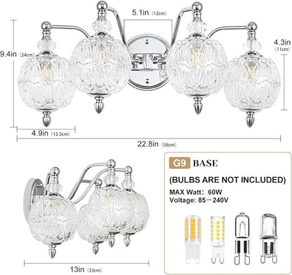 Brushed Chrome Bathroom Vanity Light, 4-Light Mid Century Modern Brushed Chrome Finish Wall Sconce with Globe Glass Shades, Retro Mirror Light for Bathroom, Powder Room