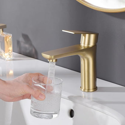 SUMERAIN Bathroom Sink Faucet Lead-Free 304 Stainless Steel Single Hole Single Handle Vanity Faucet, Brushed Gold | Lead-Free, Unique Flow Pattern, Water-saving, with Faucet Supply Lines, Easy DIY Install