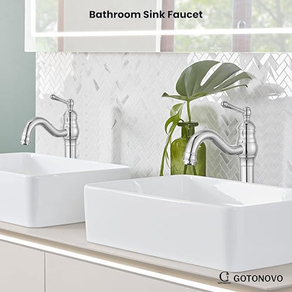 gotonovo Vessel Sink Faucet 360° Swivel Spout Single Handle Tall Bathroom Faucet 1 Hole Farmhouse Lavatory Washbasin Mixer Tap Matching Supply Hoses, with Pop Up Drain, Polish Chrome