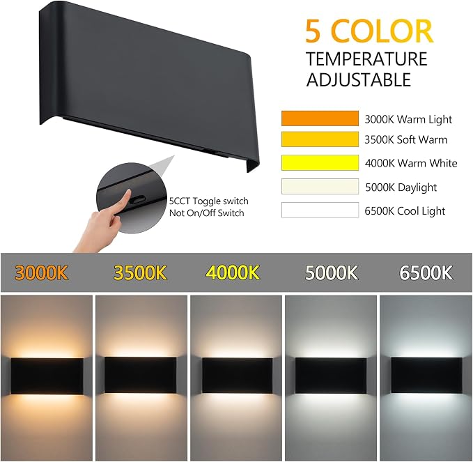 2 Pack 21.65in Modern LED Wall Sconces, Hardwired Up Down Lamp | 5CCT Adjustable 3000K-6500K. Black Indoor Wall Mounted Lights. Ideal Fixtures for Bathroom, Hallway, Bedroom, Living Room.