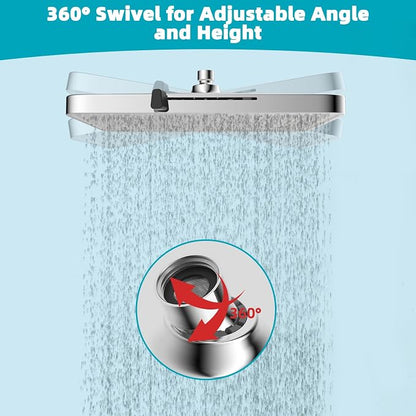 Hibbent 5 Spray Modes Shower Head, 13'' High Pressure Rain Shower Head, Large Rainfall Showerhead for Bathroom, High Flow Waterfall Fixed Showerheads with Adjustable Swivel Ball Joint, Silver