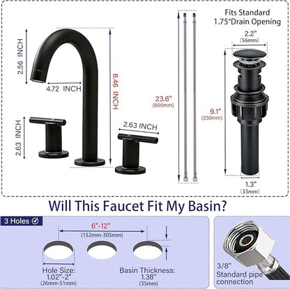 Matte Black Bathroom Faucet 3 Hole, VAPSINT 8 Inch Widespread Black Bathroom Sink Faucet, 2 Handle Modern Bathroom Faucets for Vanity Lavatory RV Restroom with Pop Up Drain & Supply Hoses