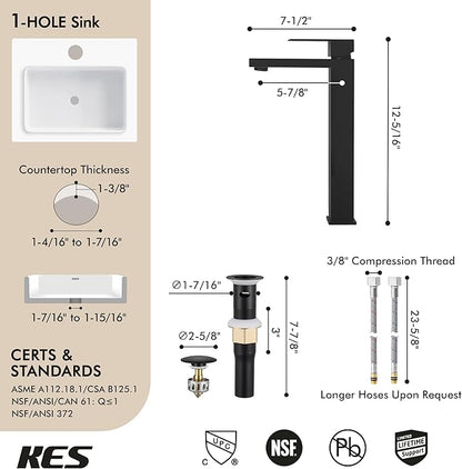 KES Vessel Sink Faucet, Black Bathroom Faucets, Tall Bathroom Faucets with Sink Drain with Overflow, L3156BLFF12-BK-C1