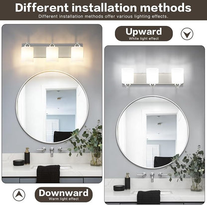 SOLFART Modern Brushed Nickel 3 Light Vanity Sconces for Bathroom, Milky Glass Globe Bathroom Light Fixtures, 3 Lights Over Mirror Wall Mount Lighting (Bulbs Not Included)
