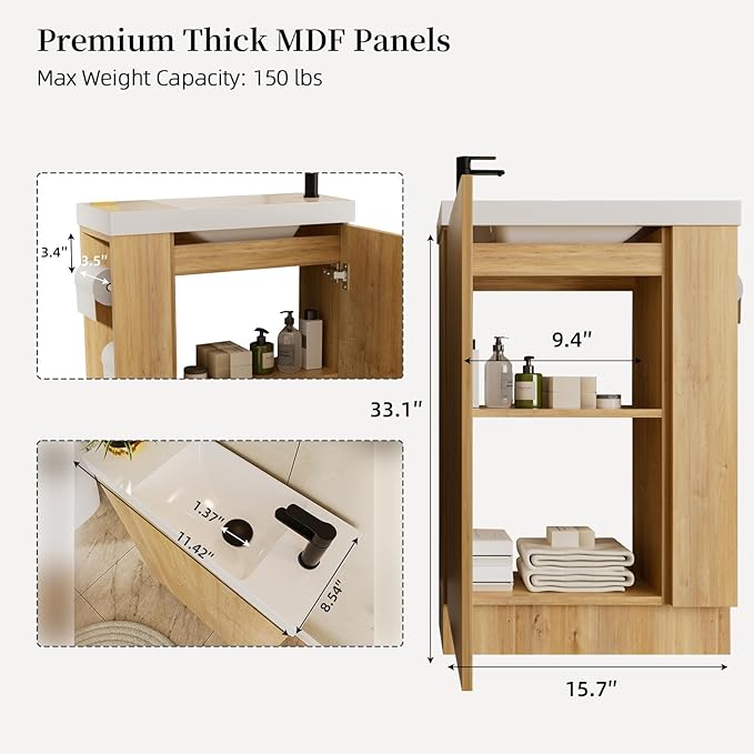 20" Small Bathroom Vanity with Sink Narrow Depth Bathroom Vanities,Wood Vanity Cabinet,Soft Closing Door,Adjustable Shelves,Modern Wall Decor,Oak