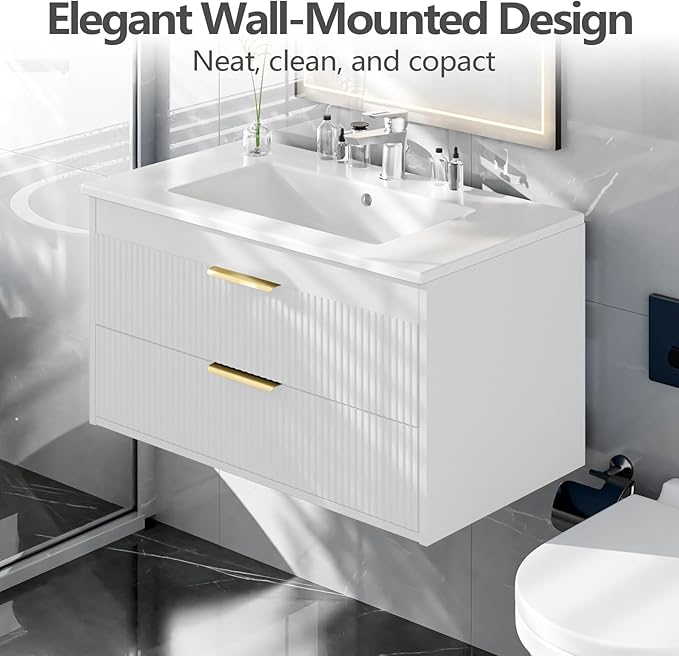 30" Bathroom Vanity Cabinet with Ceramic Sink, Wall-Mounted Floating Vanity, Integrated Sink, 2 Large Storage Drawers, with Sensor LED Light, Metal Handles, for Small Bathroom, Home, Spa, Hotel, White