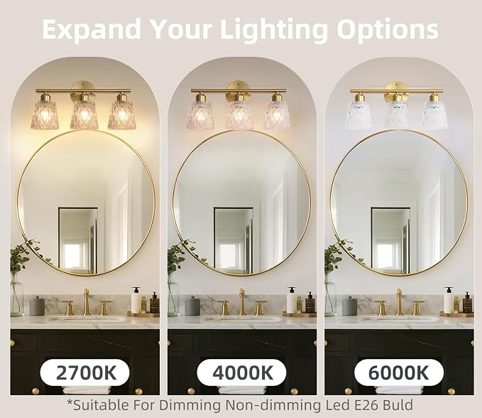 Brushed Gold Bathroom Vanity Light Over Mirror, 3-Light Stainless Steel Bathroom Fixture with Textured Glass Shades, Modern Wall Mount Vanity Lighting, E26 Sockets (Bulbs Not Included)