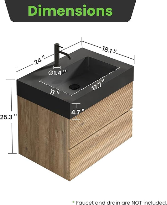 24 Inch Floating Bathroom Vanity with Black Sink, Modern Wall Mounted Floating Vanity with 2 Soft-Closing Drawers, Large Storage for Apartment, Hotel, Rough Oak