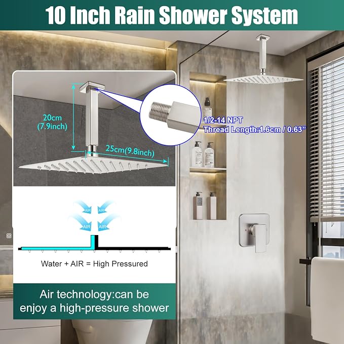 Heyalan 10-Inch Ceiling Mount Shower Faucet Set with Valve, Brushed Nickel | Rainfall shower head, ceiling-mount design, SUS304 steel, adjustable angle, single-handle control