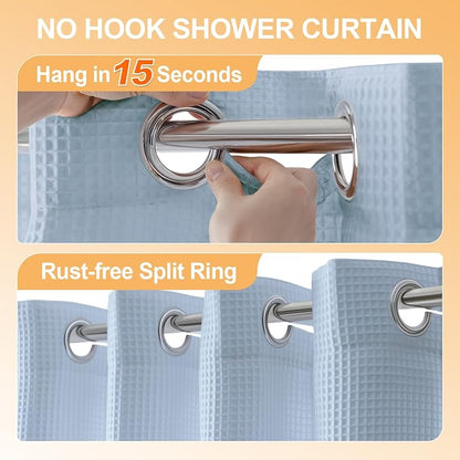 River Dream Cotton Blend No Hook Shower Curtain with Liner, Blue, 71x74 | with Snap in Liner, Heavyweight Waffle Fabric, Hotel Grade for Bathroom, Water Repellent, Corner Magnets, Machine Washable