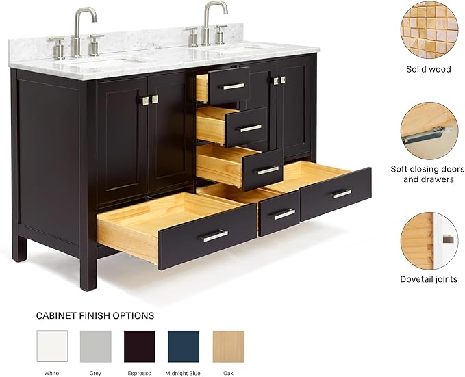 ARIEL Cambridge 60-inch Bathroom Vanity with Sink,Solid Wood, 0.75-inch Italian Carrara Marble Countertop, Double Rectangular Porcelain Sink, 4 Soft Closing Doors, 6 Dovetail Drawers, Espresso