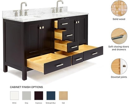 ARIEL Cambridge 60-inch Bathroom Vanity with Sink,Solid Wood, 0.75-inch Italian Carrara Marble Countertop, Double Rectangular Porcelain Sink, 4 Soft Closing Doors, 6 Dovetail Drawers, Espresso