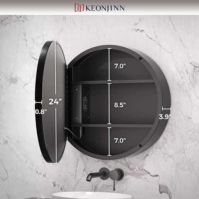 Keonjinn Round LED Medicine Cabinet 24 Inch, Black Lighted Medicine Cabinet for Bathroom with Mirror, Circle, Electrical Outlet, 3 Color Lights, Anti-Fog, Dimmable, Surface Mount Only