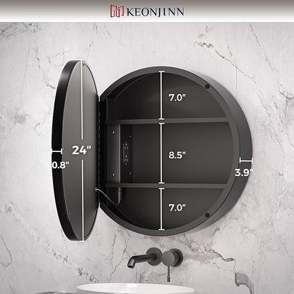 Keonjinn Round LED Medicine Cabinet 24 Inch, Black Lighted Medicine Cabinet for Bathroom with Mirror, Circle, Electrical Outlet, 3 Color Lights, Anti-Fog, Dimmable, Surface Mount Only
