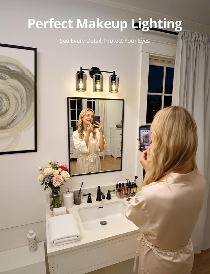 3 Light Bathroom Vanity Light Contemporary, Matte Black Sconce | 17.12", Electroplated Glass, Soft Glow, Bath Bar Fixture over Sink, Tool-Free E26 Bulb Swap, Up Down Wall Mount, No Bulbs