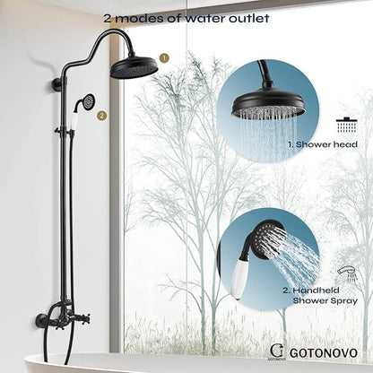 gotonovo Luxury Exposed Shower Faucet Set Bathroom Shower System 8 Inch Wall Mount Rainfall Shower Head with Handheld Spray Cross Double Handle Shower Fixture Adjustable Arc Rod Oil Rubbed Bronze