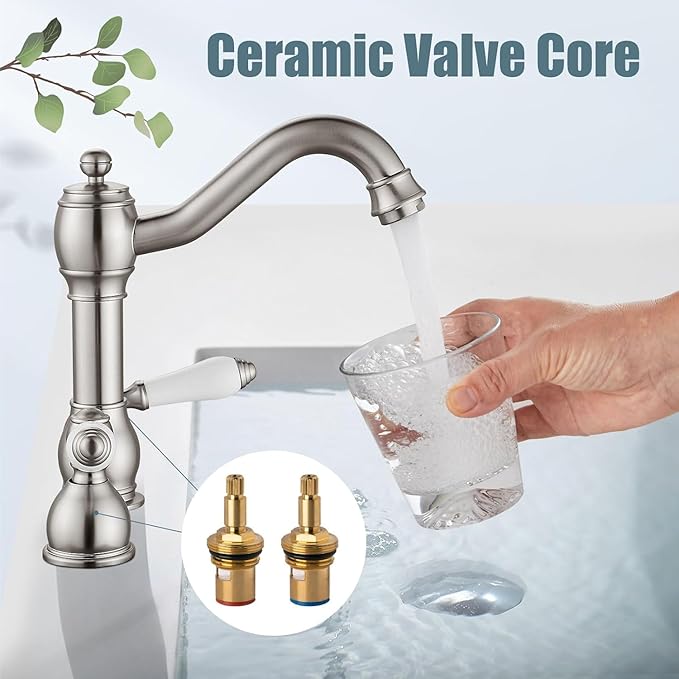Aolemi 8 Inch Widespread Bathroom Sink Faucet 3 Hole Deck Mount Vanity Basin Mixer Tap with Pop Up Drain Assembly Brushed Nickel Double Ceramic Handle