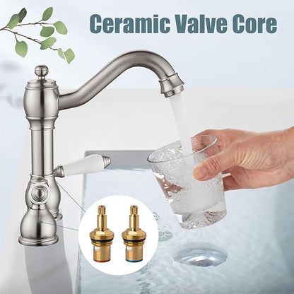 Aolemi 8 Inch Widespread Bathroom Sink Faucet 3 Hole Deck Mount Vanity Basin Mixer Tap with Pop Up Drain Assembly Brushed Nickel Double Ceramic Handle