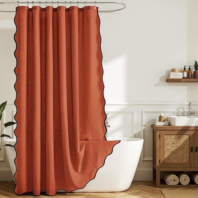 MIULEE 84" Long Burnt Orange Scalloped Linen Shower Curtain 72W x 84L | 12 metal hooks, Linen scalloped, waterproof washable, thick heavy cloth, black border, boho farmhouse, bathroom hotel use