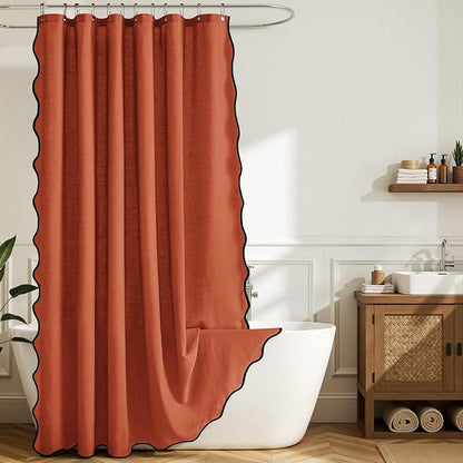 MIULEE 84" Long Burnt Orange Scalloped Linen Shower Curtain 72W x 84L | 12 metal hooks, Linen scalloped, waterproof washable, thick heavy cloth, black border, boho farmhouse, bathroom hotel use