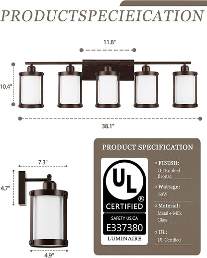 5-Light Oil Rubbed Bronze Bathroom Light Fixtures Over Mirror with Frosted Milk Glass and Metal Cage Shade, 38" UL-Listed Modern Farmhouse Wall Sconce for Bath, Hardwire E26, OS-3014ORBW-5W
