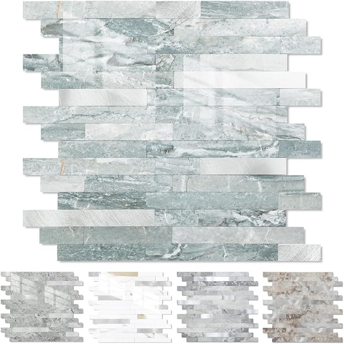Yipscazo 1 Sheet Peel and Stick Stone Metal Tile Backsplash, Stick on Tiles for Backsplash Kitchen, Bathroom, Laundry Room, Camper, Fireplace (12'' X 12'', Polished Cyan)