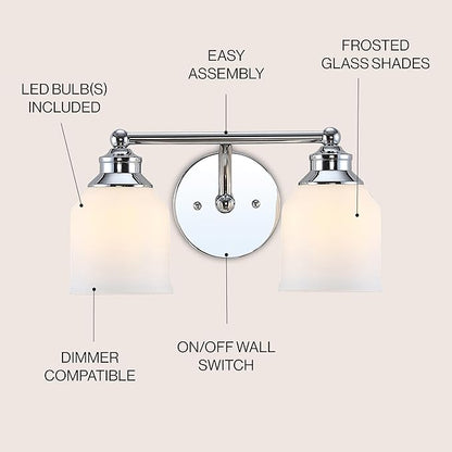 JONATHAN Y 14" Chrome Modern Farmhouse LED Vanity Light Wall Sconce Fixture, Frosted White Glass Shade, Dimmable Wall Lamp for Bathroom Mirror Kitchen Sink, UL Listed (JYL7550A)