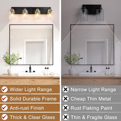 4-Light Black and Gold Bathroom Vanity Light, Clear Glass Shade | 27.5" Wall Mount Over Mirror Lighting Fixtures, Brushed Gold Finish, Durable Metal, Modern Farmhouse Style, for Bathroom