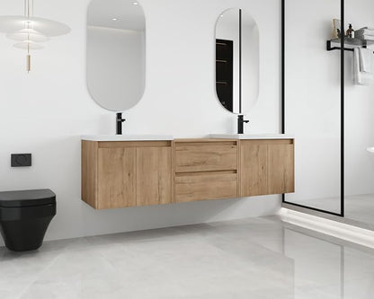 Malwee 72'' Floating Bathroom Vanity with Double Sink, Brown | Wall Mounted Double Sink Combo, Plywood Cabinet, Resin Basin, Ample Storage, Soft-close Hinge, Assembly Required