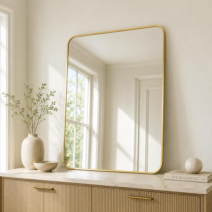 30x36 Inch Brushed Gold Rounded Rectangle Bathroom Vanity Mirror | For Over-Sink Bathrooms, Corrosion-Resistant Aluminum Frame, Slim Front Profile, Two-Way Mount, Protective Packaging