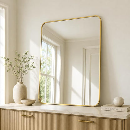 30x36 Inch Brushed Gold Rounded Rectangle Bathroom Vanity Mirror | For Over-Sink Bathrooms, Corrosion-Resistant Aluminum Frame, Slim Front Profile, Two-Way Mount, Protective Packaging