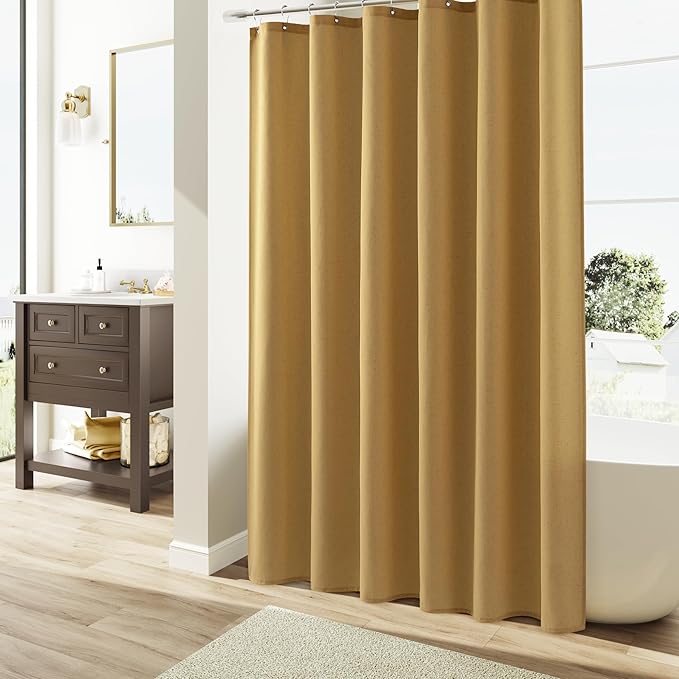 Gold Linen Shower Curtains 84 Inches Long, Tall Country Boho Farmhouse Shower Curtains for Bathroom Natural Cloth Weighted Fabric Bath Curtains Liner with Hooks, 72x84